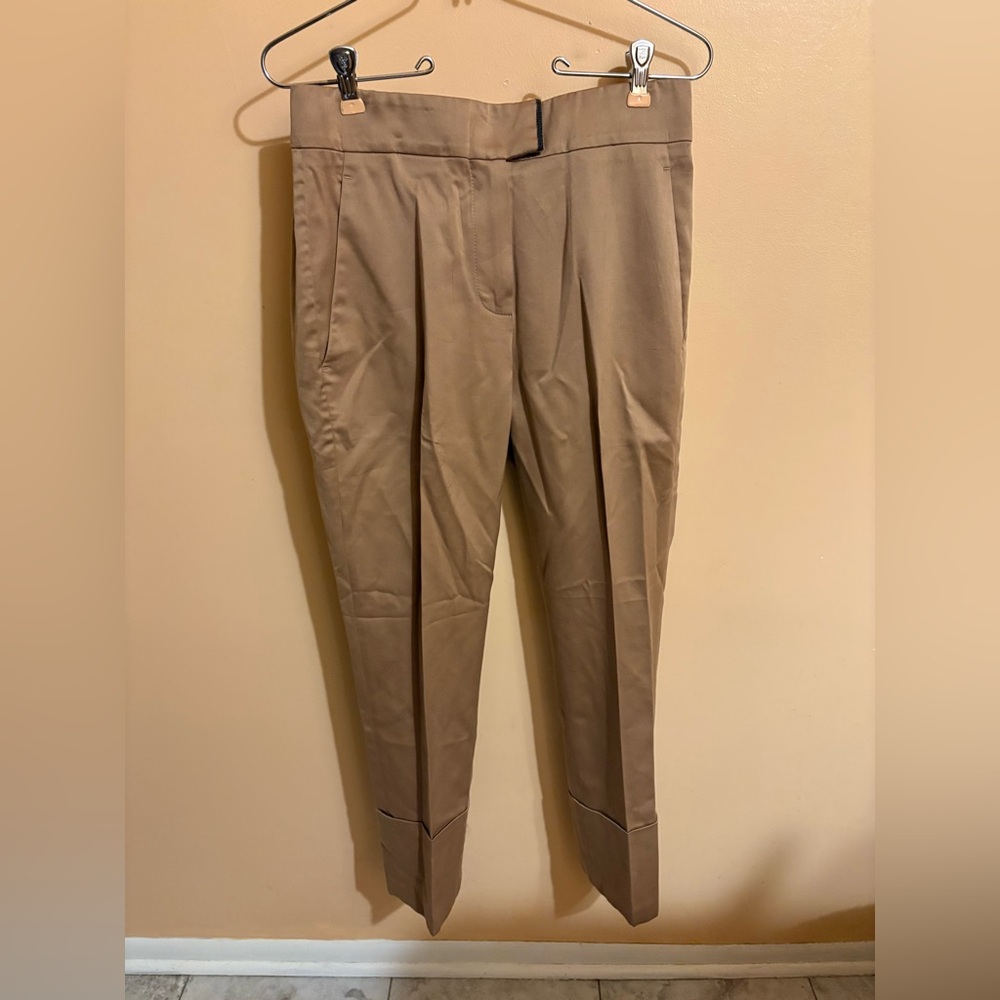 Brunello Cucinelli tan cotton blend straight leg trousers